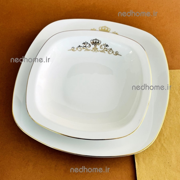 بشقاب خورشت خوری دور طلایی چینی زرین طرح کویین مربعی