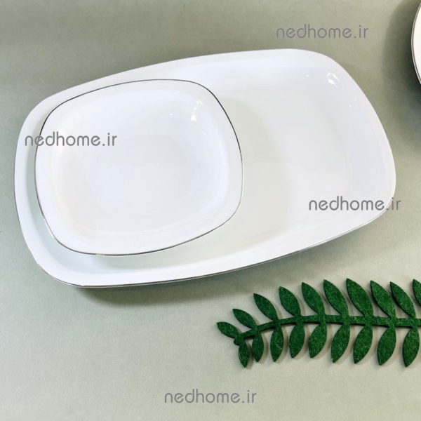 دیس سفید ساده دور نقره ای چینی زرین قالب مستطیل کواترو