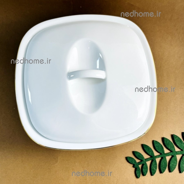 سوپ خوری بزرگ لبه طلایی درب دار چینی زرین قالب مربعی
