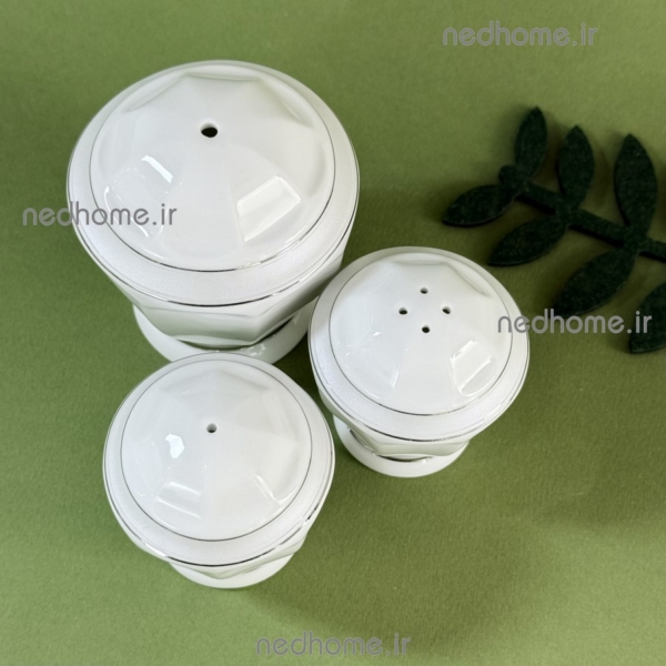 نمکدان و فلفل پاش و سماق پاش لب نقره ای چینی زرین ساده شیک