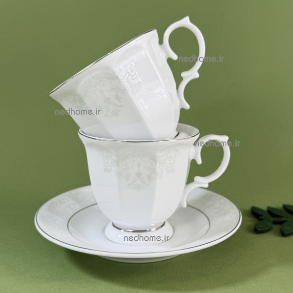 فنجان و نعلبکی لب نقره ای گلدار چینی زرین طرح دلسا نئوکلاسیک