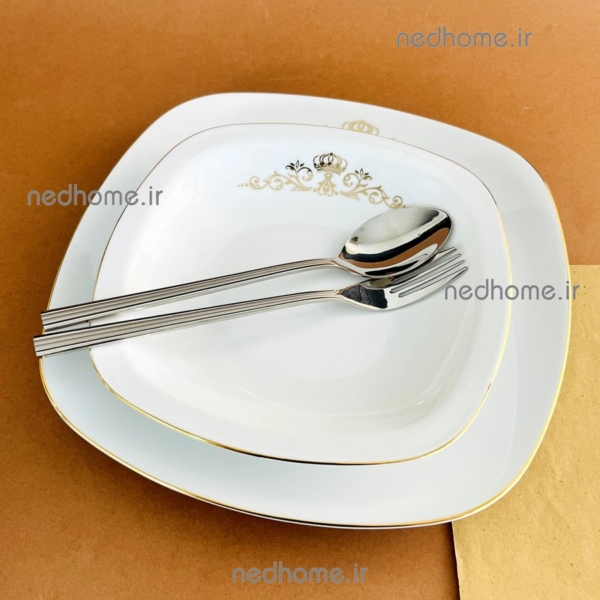 بشقاب پلوخوری لب طلایی مربع چینی زرین طرح کوئین