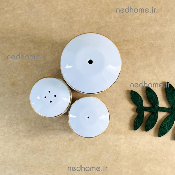 سرویس رومیزی نمکدان و فلفل دان چینی زرین طرح ساده لب طلایی