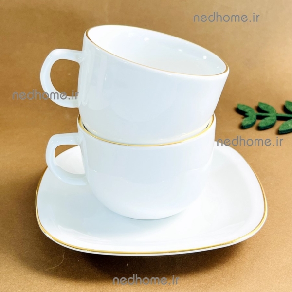 فنجون و نعلبکی چینی زرین طرح سفید لبه طلایی