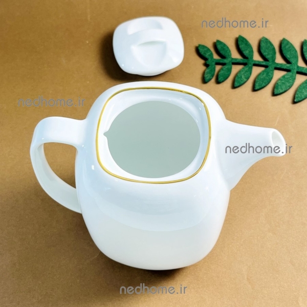 قوری سفید لبه طلایی چینی زرین قالب مربع