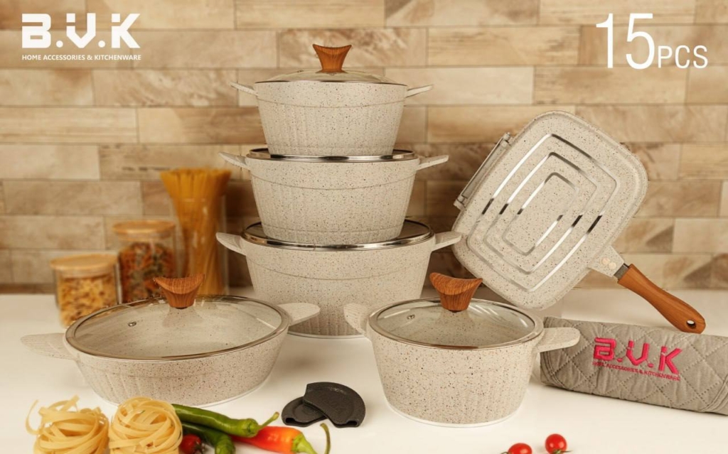 سرویس قابلمه گرانیتی بی‌.وی.کی طرح دورو گرانيت 15 پارچه سفید - کد VK713515