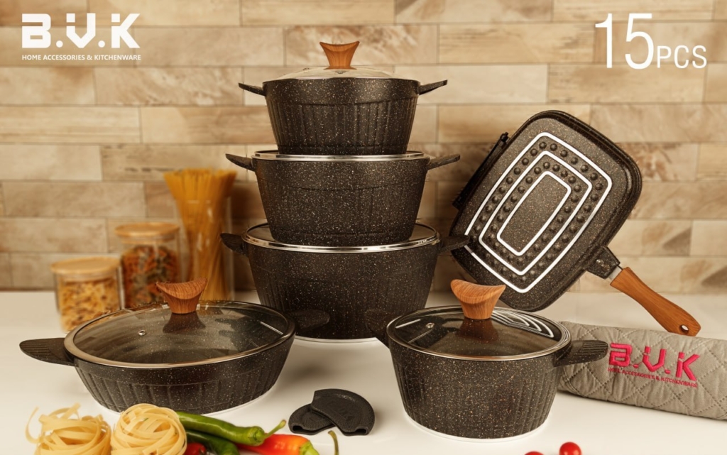 سرویس قابلمه گرانیتی بی‌.وی.کی طرح دورو گرانيت 15 پارچه مشکی - کد VK713515